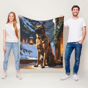 Belgian Malinois With Christmas Lights Holiday  Fleece Blanket