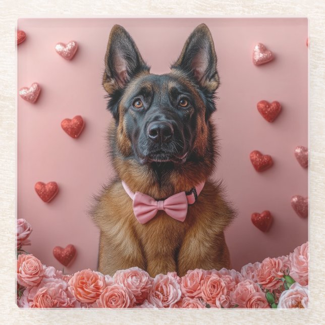 Belgian Malinois with Roses - Valentine's Day  Glass Coaster (Front)