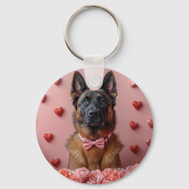 Belgian Malinois with Roses - Valentine's Day  Key Ring (Front)
