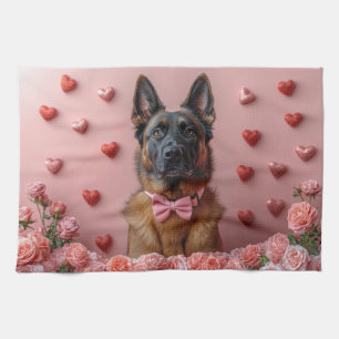 Belgian Malinois with Roses - Valentine's Day  Tea Towel