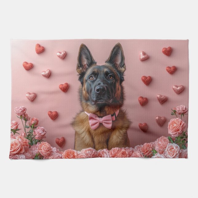 Belgian Malinois with Roses - Valentine's Day  Tea Towel (Horizontal)