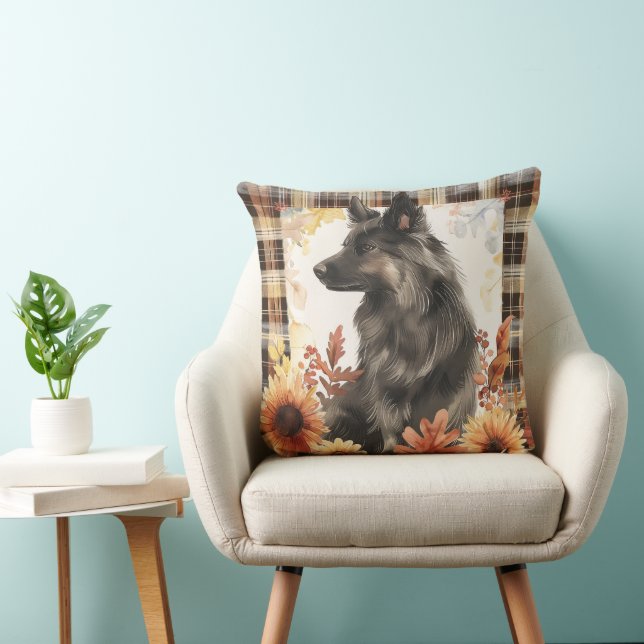 Belgian Sheepdog Dog Fall Watercolor Flowers Cushion (Chair)