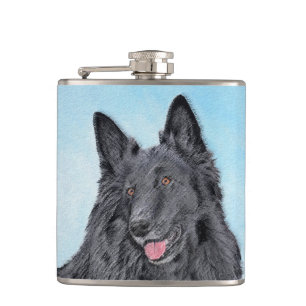 Belgian Sheepdog Painting - Cute Original Dog Art Hip Flask