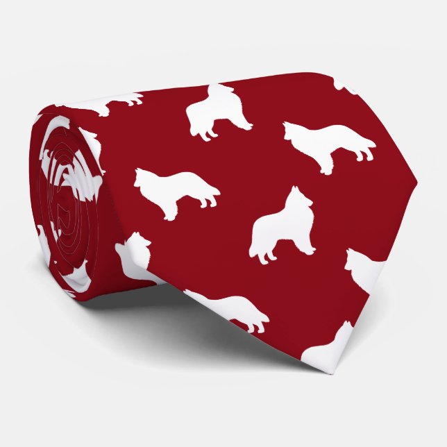 Belgian Sheepdog Silhouettes Pattern Red and White Tie (Rolled)