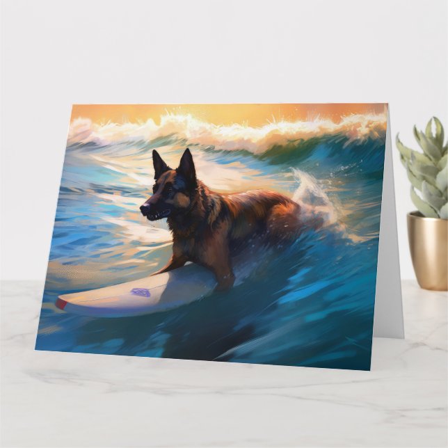 Belgian Shepherd  Beach Surfing Painting  Card (Small Plant)
