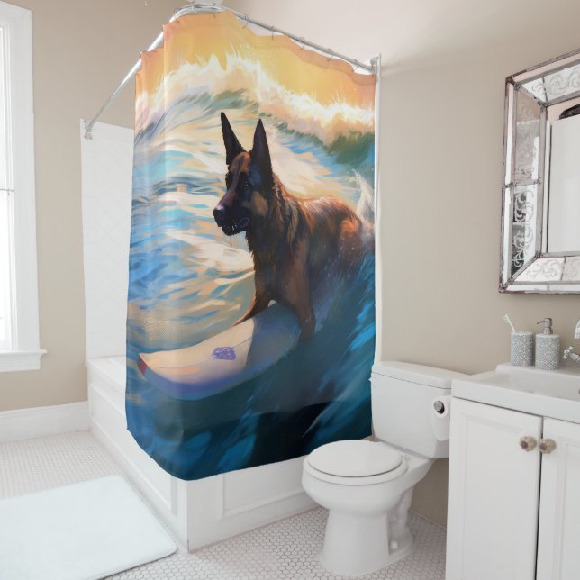 Belgian Shepherd  Beach Surfing Painting  Shower Curtain (In Situ)