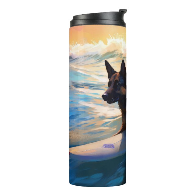 Belgian Shepherd  Beach Surfing Painting  Thermal Tumbler (Rotated Left)