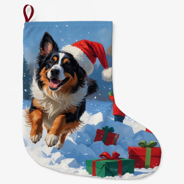 Belgian Shepherd  Christmas Festive Snow Scene Large Christmas Stocking (Front)