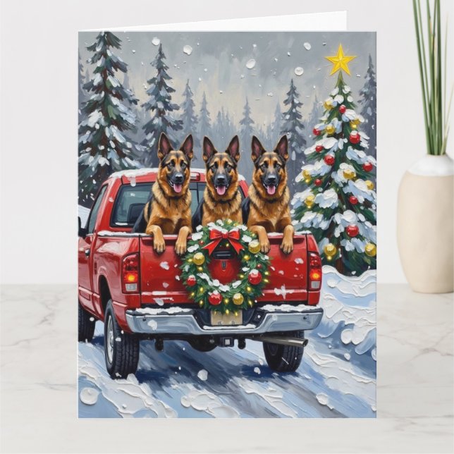 Belgian Shepherd Christmas Red Truck Holiday Card (Front)