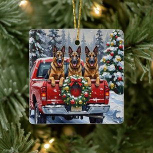 Belgian Shepherd Christmas Red Truck Holiday Ceramic Ornament