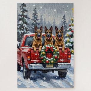 Belgian Shepherd Christmas Red Truck Holiday Jigsaw Puzzle