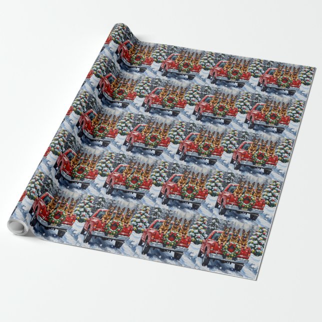 Belgian Shepherd Christmas Red Truck Holiday Wrapping Paper (Unrolled)