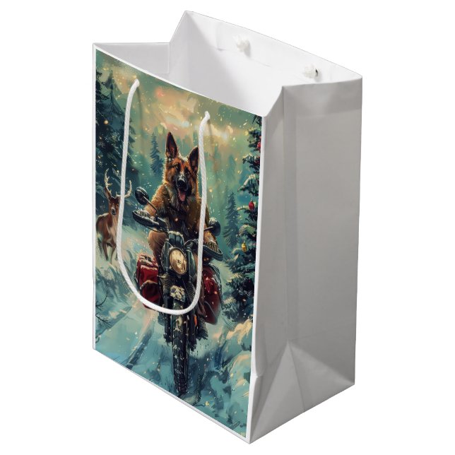 Belgian Shepherd Dog Riding Motorcycle Christmas Medium Gift Bag (Front Angled)