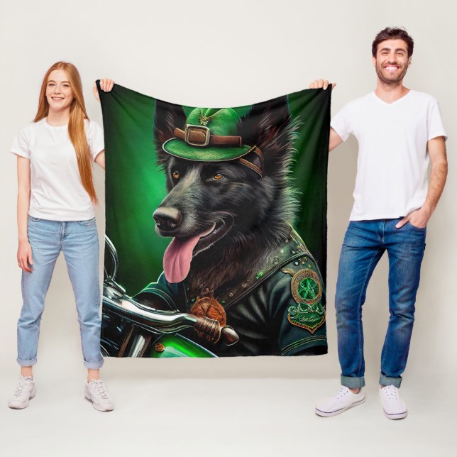 Belgian Shepherd driving bike St. Patrick's Day Fleece Blanket (In Situ)
