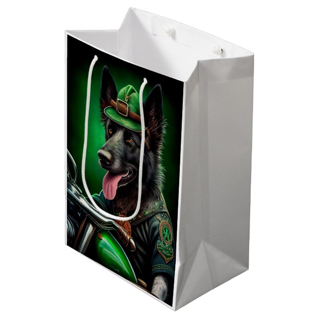 Belgian Shepherd driving bike St. Patrick's Day Medium Gift Bag (Front Angled)