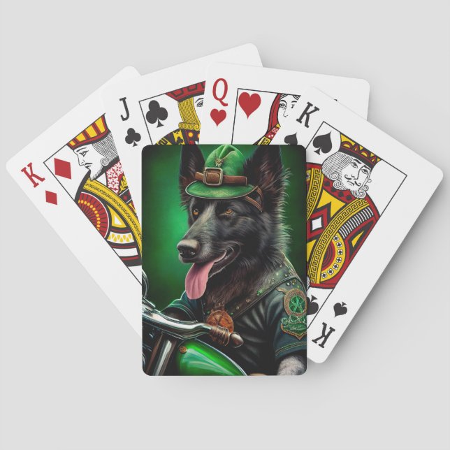 Belgian Shepherd driving bike St. Patrick's Day Playing Cards (Back)
