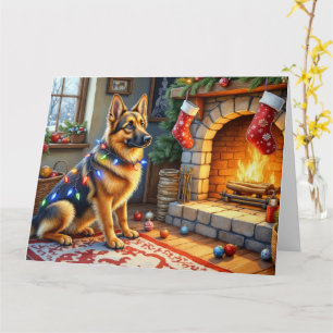Belgian Shepherd Fireplace with Christmas Lights Card