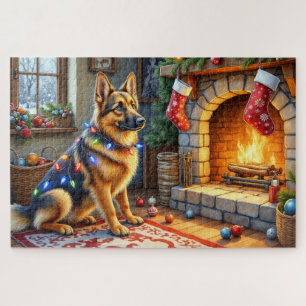 Belgian Shepherd Fireplace with Christmas Lights Jigsaw Puzzle
