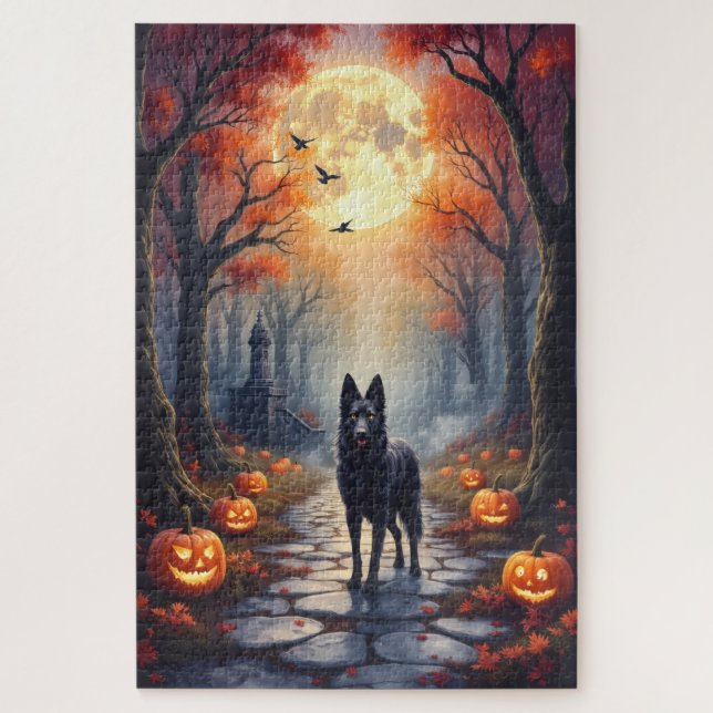 Belgian Shepherd Gothic Forest Halloween Art Jigsaw Puzzle (Vertical)