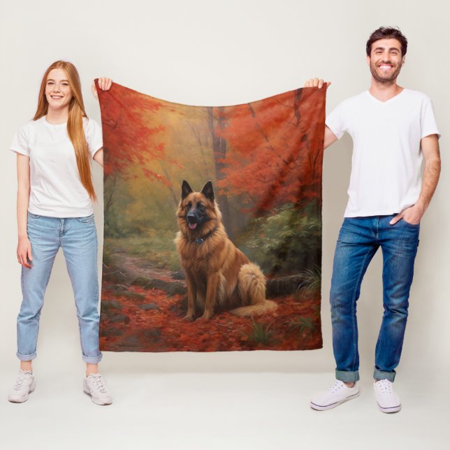 Belgian Shepherd in Autumn Leaves Fall Inspire  Fleece Blanket (In Situ)