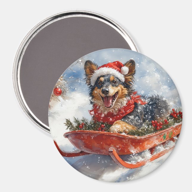 Belgian Shepherd in Sledge Let it Snow Christmas Magnet (Front/Back)