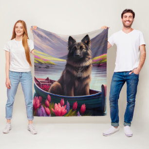 Belgian Shepherd on a Paddle: A Scenic Adventure Fleece Blanket