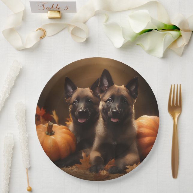 Belgian Shepherd Puppy Autumn Delight Pumpkin Paper Plate (Wedding)