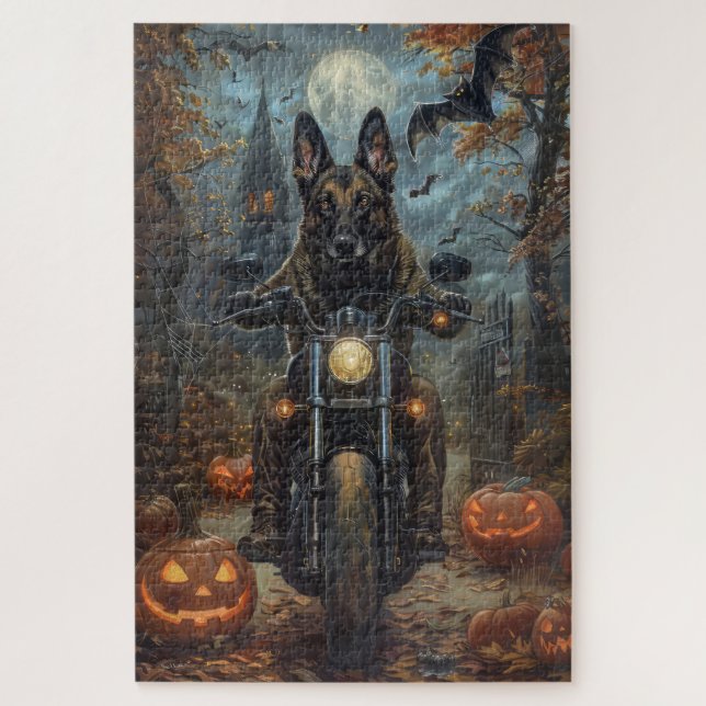 Belgian Shepherd Riding Motorcycle Halloween Scary Jigsaw Puzzle (Vertical)