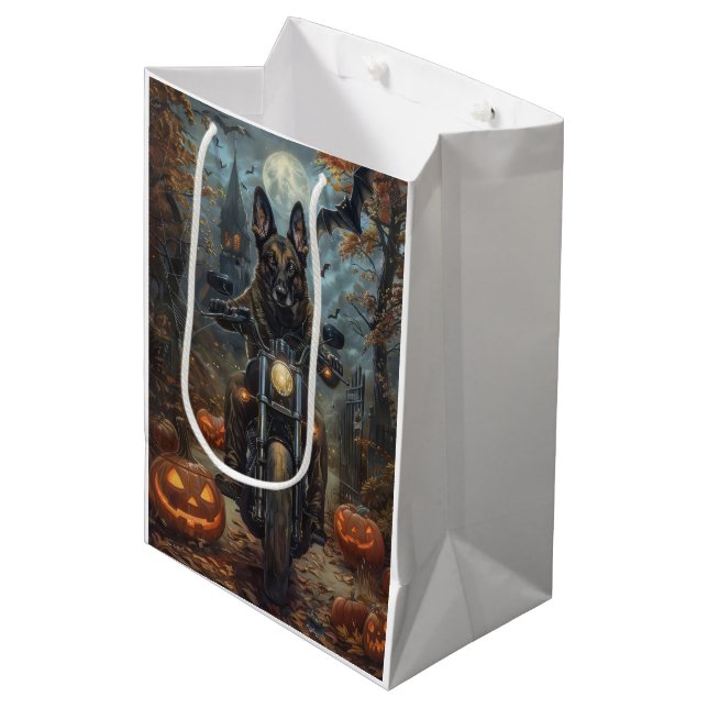Belgian Shepherd Riding Motorcycle Halloween Scary Medium Gift Bag (Front Angled)
