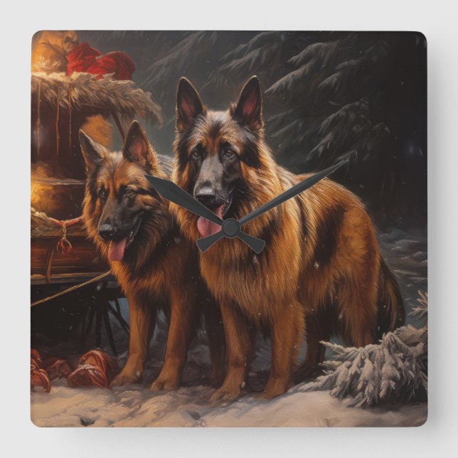 Belgian Shepherd Snowy Sleigh Christmas Decor Square Wall Clock (Front)