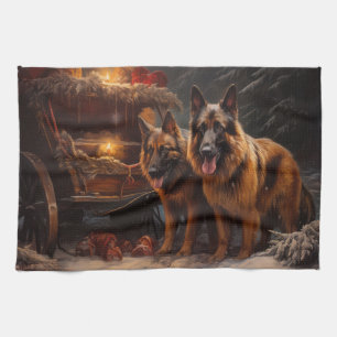 Belgian Shepherd Snowy Sleigh Christmas Decor Tea Towel