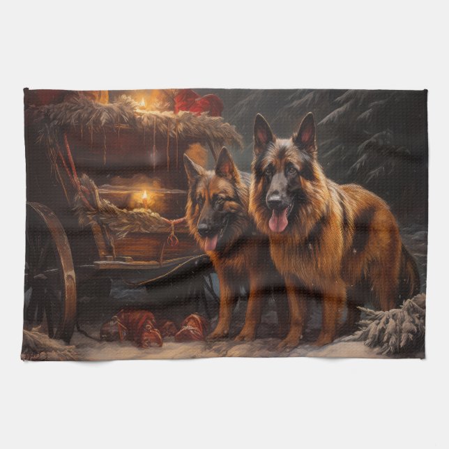 Belgian Shepherd Snowy Sleigh Christmas Decor Tea Towel (Horizontal)