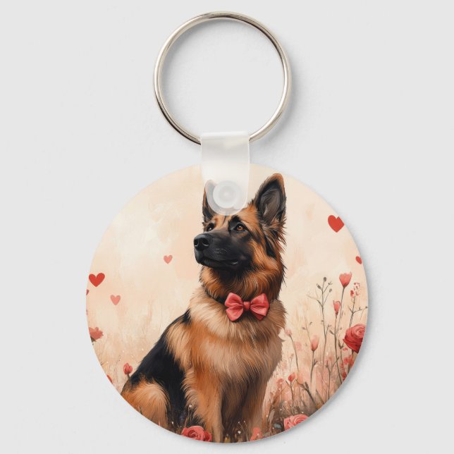 Belgian Shepherd with Roses - Valentine's Day Key Ring (Front)