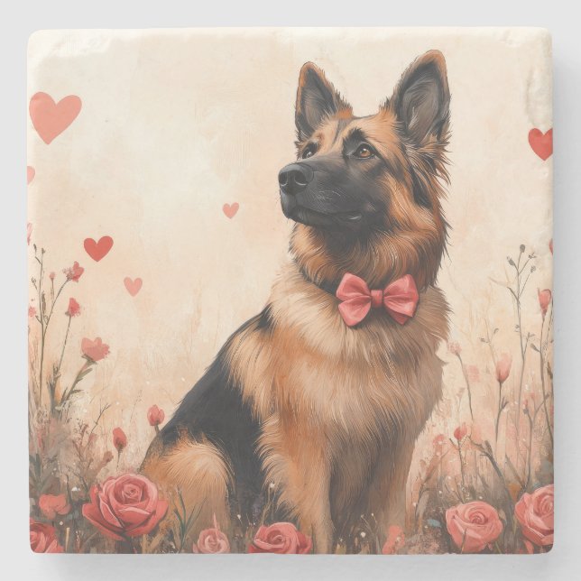 Belgian Shepherd with Roses - Valentine's Day Stone Coaster (Front)