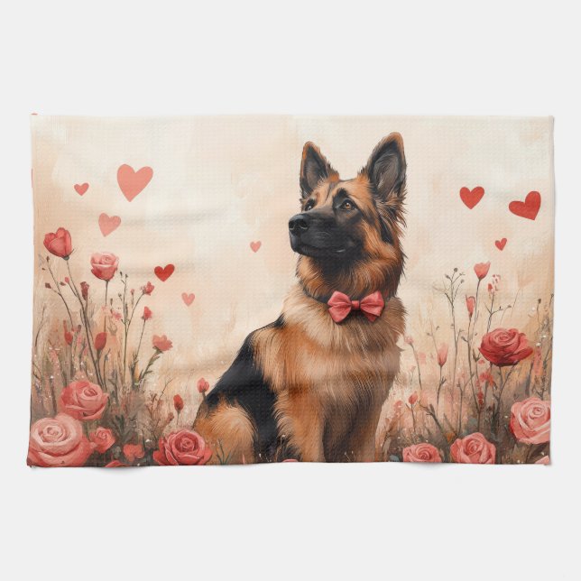 Belgian Shepherd with Roses - Valentine's Day Tea Towel (Horizontal)