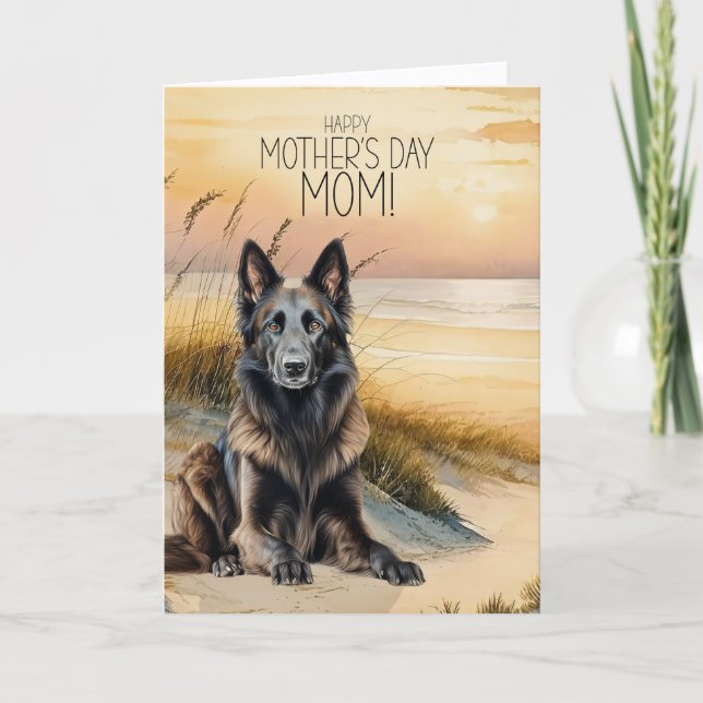 Belgian Tervuren Dog Sunset Beach Mother's Day Holiday Card (Front)