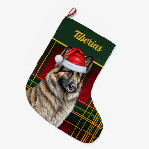 Belgian Tervuren Holiday Plaid with Dog's Name Large Christmas Stocking