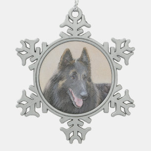 Belgian Tervuren Painting - Cute Original Dog Art Snowflake Pewter Christmas Ornament