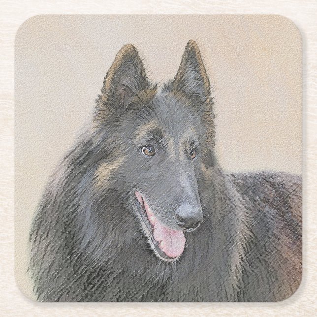 Belgian Tervuren Painting - Cute Original Dog Art Square Paper Coaster (Front)