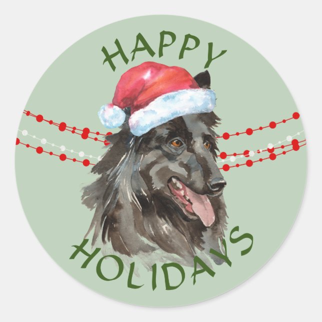 Belgian Tervuren Santa Hat Happy Holidays Classic  Classic Round Sticker (Front)