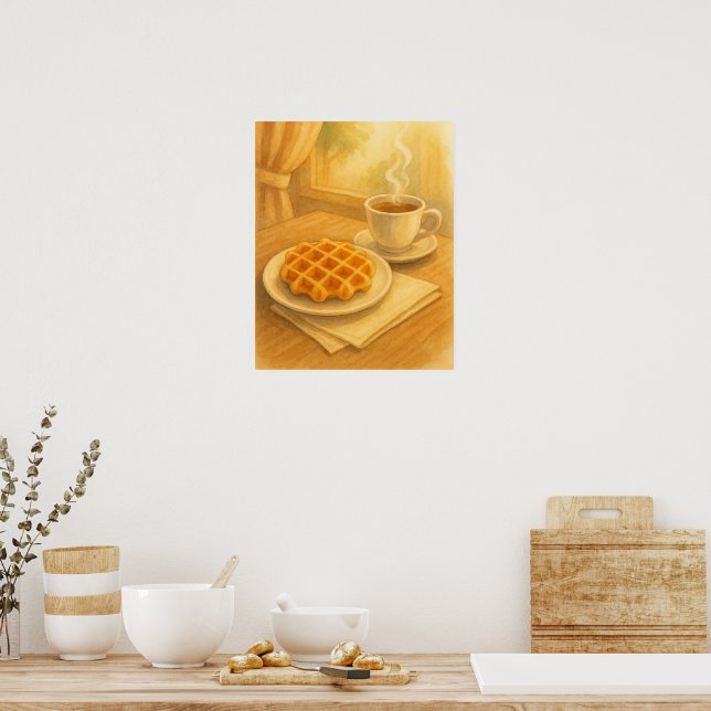 Belgian Waffle & Coffee Poster – Cosy Café Scene (Kitchen)