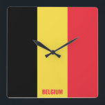Belgium Flag Dazzling Patriotic Square Wall Clock<br><div class="desc">Belgium Flag Dazzling Patriotic Square Wall Clock in the colors and the elements of the Belgium national flag covering the front of the clock. National flag colors are complemented with the text "Belgium" on the bottom. Text is fully customizable using "Customize it!" feature. Feel free to change it, remove it...</div>