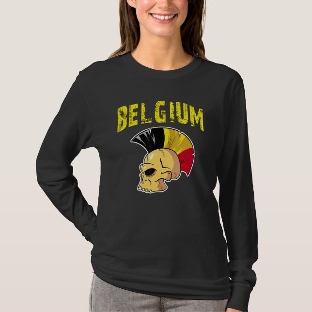 Belgium Flag Mohawk Skull National Team Supporter  T-Shirt (Front)