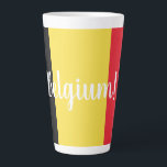 Belgium Flag & Text Latte Mug<br><div class="desc">National flag of Belgium with modern script "Belgium!" text overlay</div>