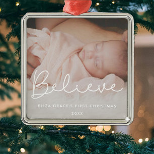 Believe Baby's first Christmas Cute Photo Metal Tree Decoration