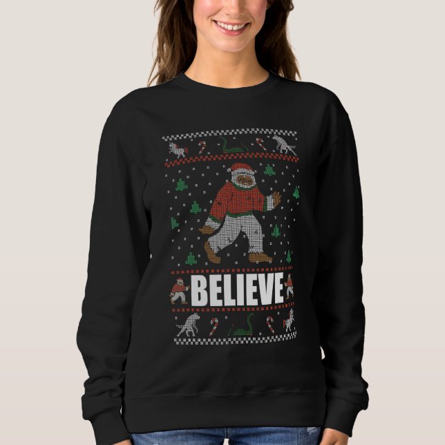 BELIEVE  Big Foot Ugly Christmas Sweater Yeti Meme (Front)