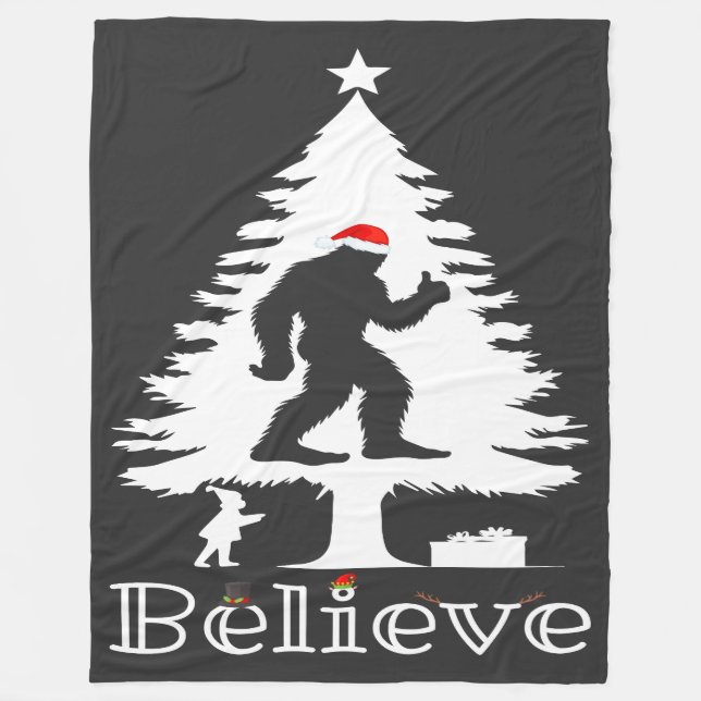 Believe Bigfoot Cryptozoology Christmas Tree Fleece Blanket (Front)