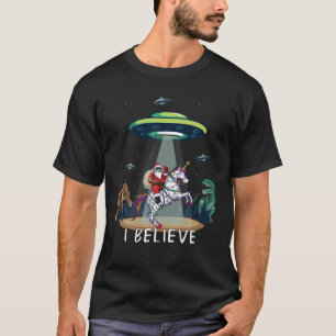 Believe Bigfoot Dinosaur Alien UFO Santa Riding On T-Shirt