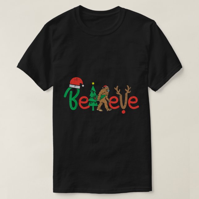Believe Bigfoot Funny Christmas Design T-Shirt (Design Front)