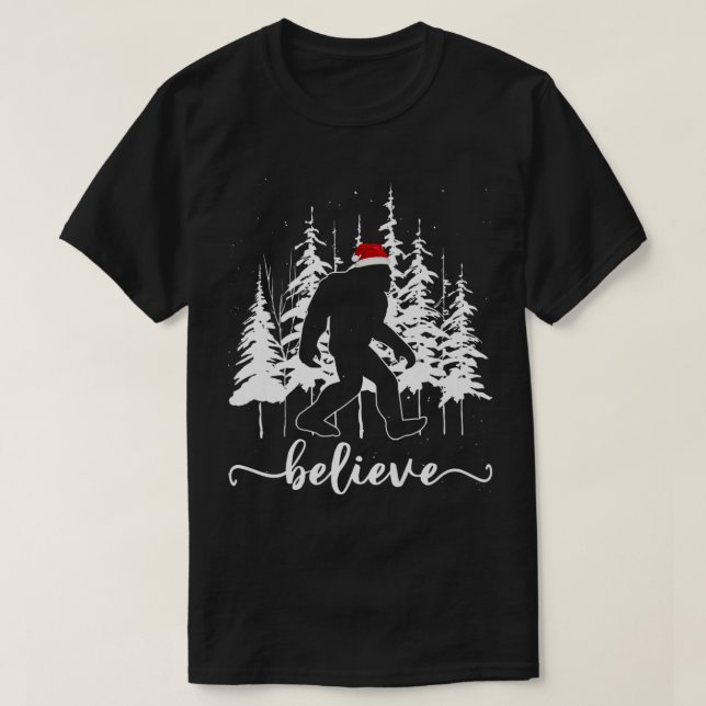 Believe Bigfoot Light Santa Squatch Christmas Tree T-Shirt (Design Front)